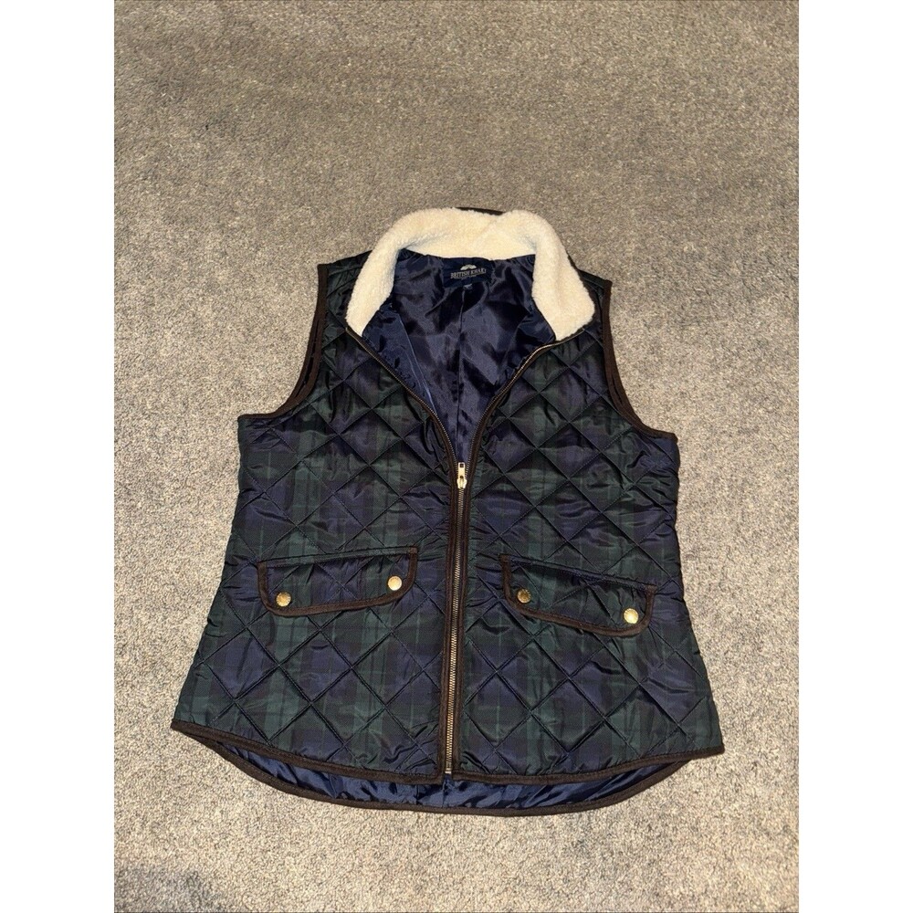 Blackwatch Prep Plaid Vest Quilted Womens Lg Fleece Collar Pockets Zip Gold Acc